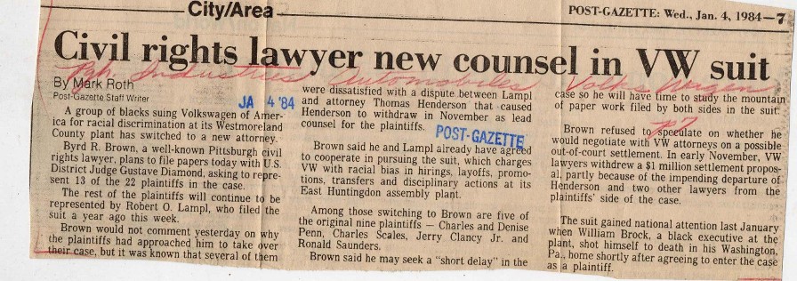 Civil Rights Lawyer New Counsel in VW Suit Newspaper Clipping